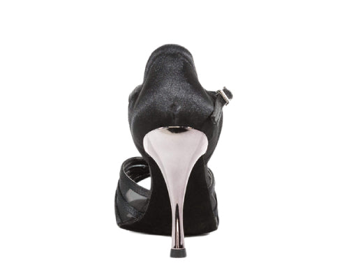 Rückansicht der Dancing Queens 705 Tanzschuhe aus schwarzem Satin mit einem glänzenden silbernen Stiletto.